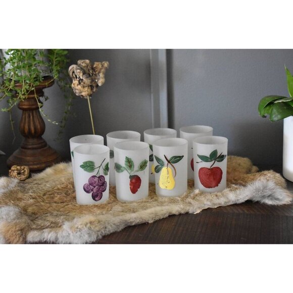 Federal Eight (8) Frosted Fruit Juice Glasses handpainted apple grape strawberry - Picture 1 of 8
